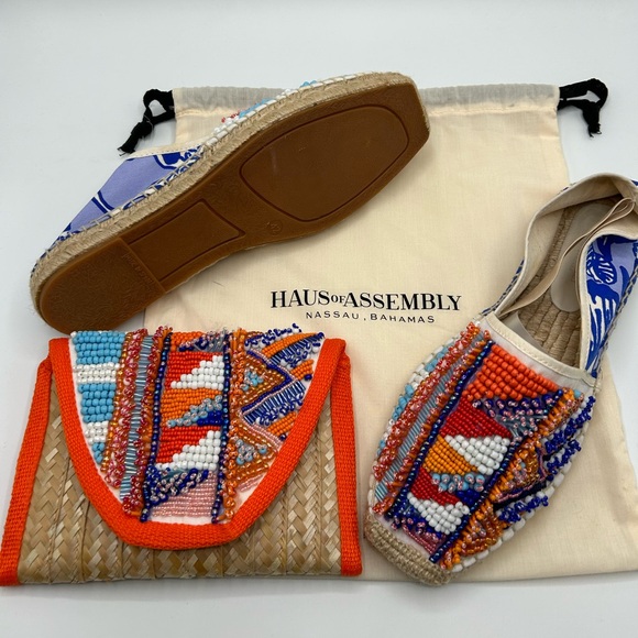 NWT HAUS ASSEMBLY of Nassau Bahamas beaded espadrilles and matching clutch set. - Picture 2 of 6